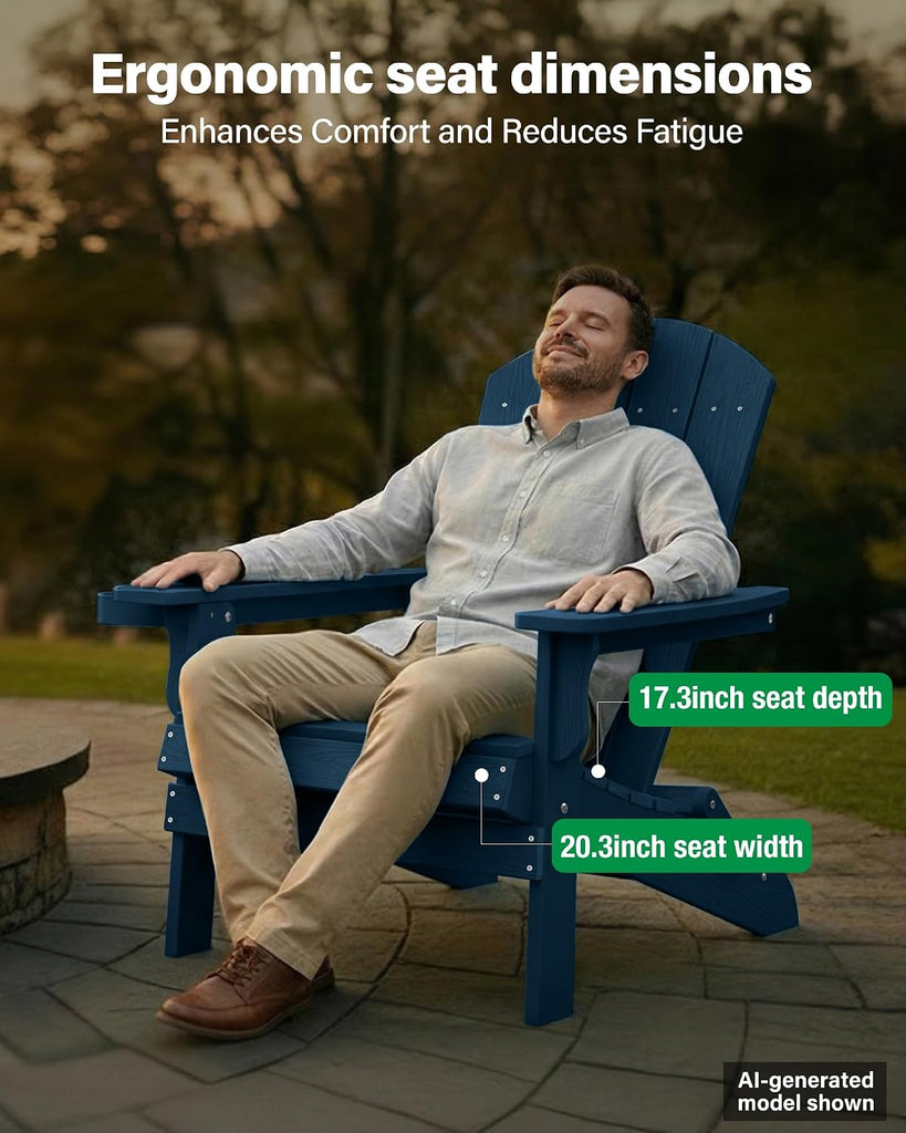 Oversized Plastic Adirondack Chair - Navy Blue | Folding Outdoor Chairs with Cup Holder, Weather Resistant for