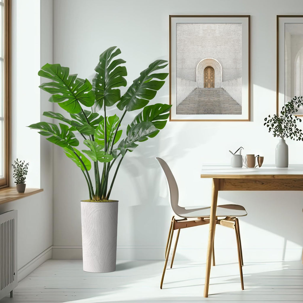 Artificial Tree in White Marble Effect Planter, Fake Monstera Silk Tree for Indoor and Outdoor Home Decoration - 65"