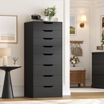 Tall Black Dresser, 8 Drawer Dresser with Groove Handles, Black Tall Dressers, Modern Chest of Drawers with Large