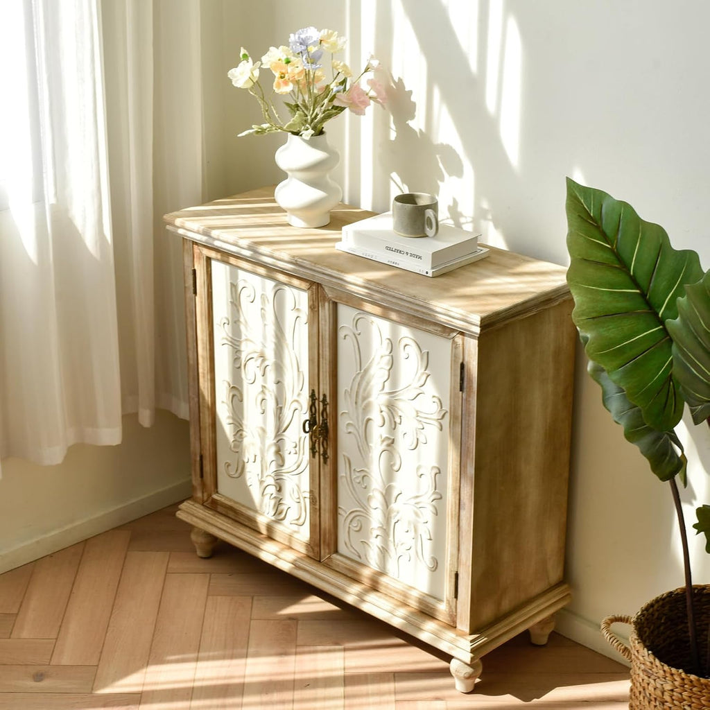 Storage Cabinet, Vintage Distressed Sideboard, Accent Cabinet with 2 Floral-Carved Doors, Buffet Cabinet with