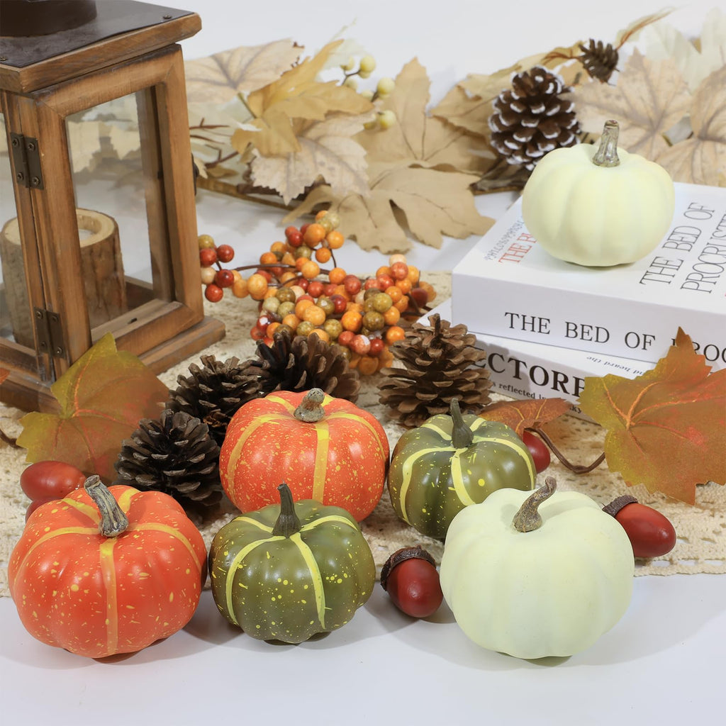 20 Pcs Realistic Fall Mini Pumpkin Decorations, Pumpkin Decor with Maple Leaves, Pine Cones, Acorns, Thanksgiving