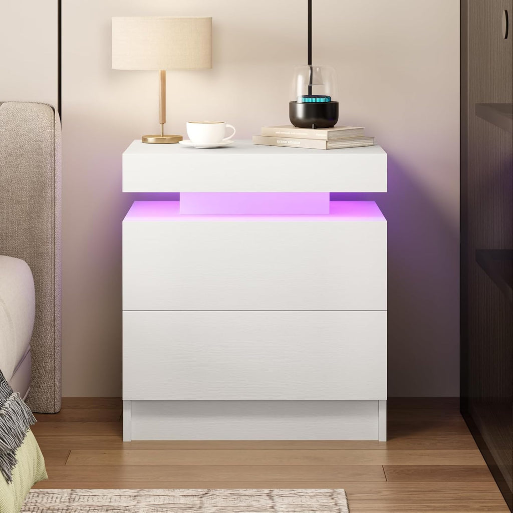LED Nightstands Set of 2, Modern White Night Stand End Tables with APP & Remote Control LED Lighting, 2 Drawers, Open