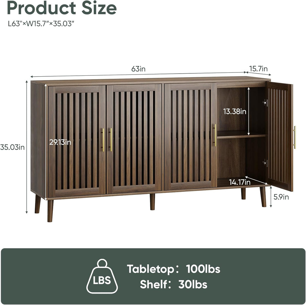 63" Long Sideboard Buffet with 4 Slatted Doors, Farmhouse Buffet Storage Cabinet with Adjustable Shelf