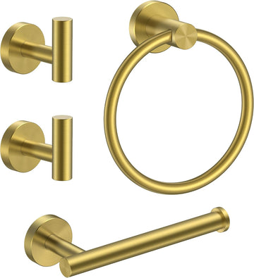 Bathroom Accessories Set, 4-Piece Bathroom Hardware Set | Brushed Gold | SUS304 Stainless Steel Towel Ring, 2 Towel