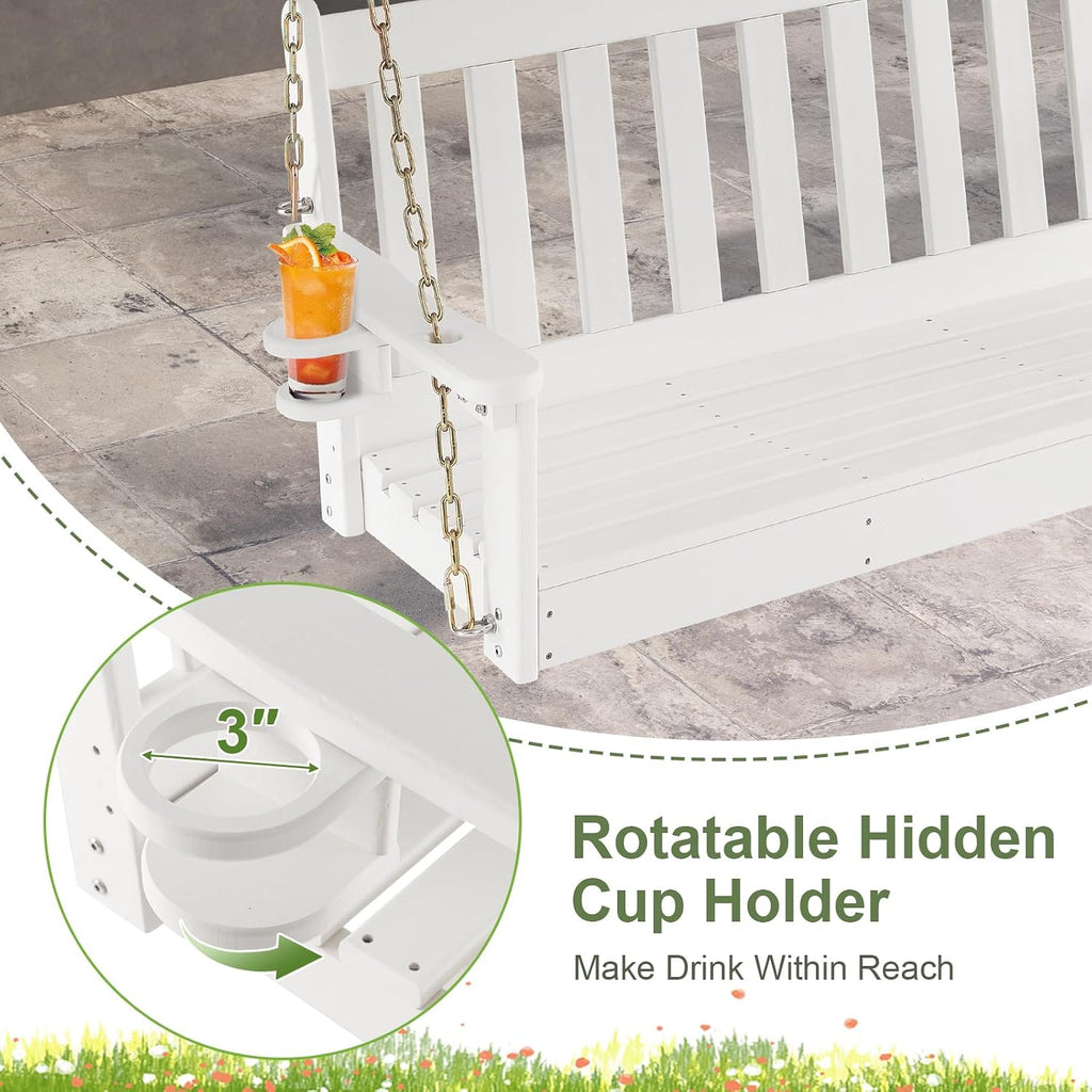 2 Person Hanging Porch Swing, Outdoor Bench Swing with Adjustable Chains, Hidden Cup Holder, HDPE Tree Swing Chair