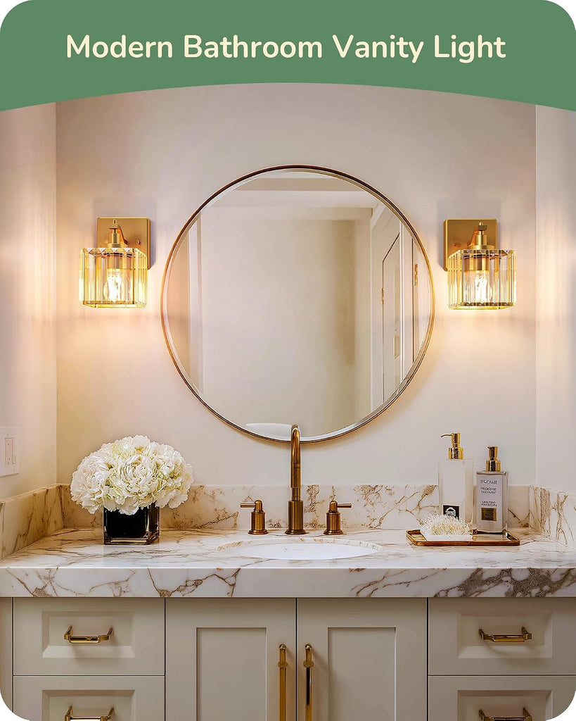 Modern Gold Crystal Wall Sconces Set of 2, Bathroom Vanity Lights | Hardwired, 1-Light, Standard E26 Base, Up Down