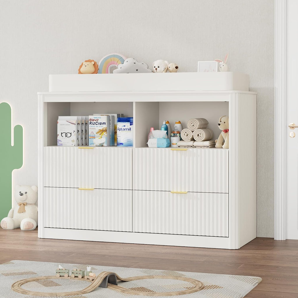 Nursery Dresser, 4 Large Drawers Wood Baby Changing Dresser with Raised and Detachable Changing Table Top, Fluted