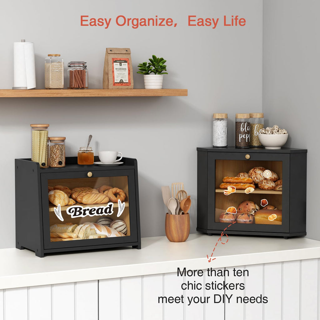 Corner 2 Tier, Double Layer Black Breadbox for Countertop