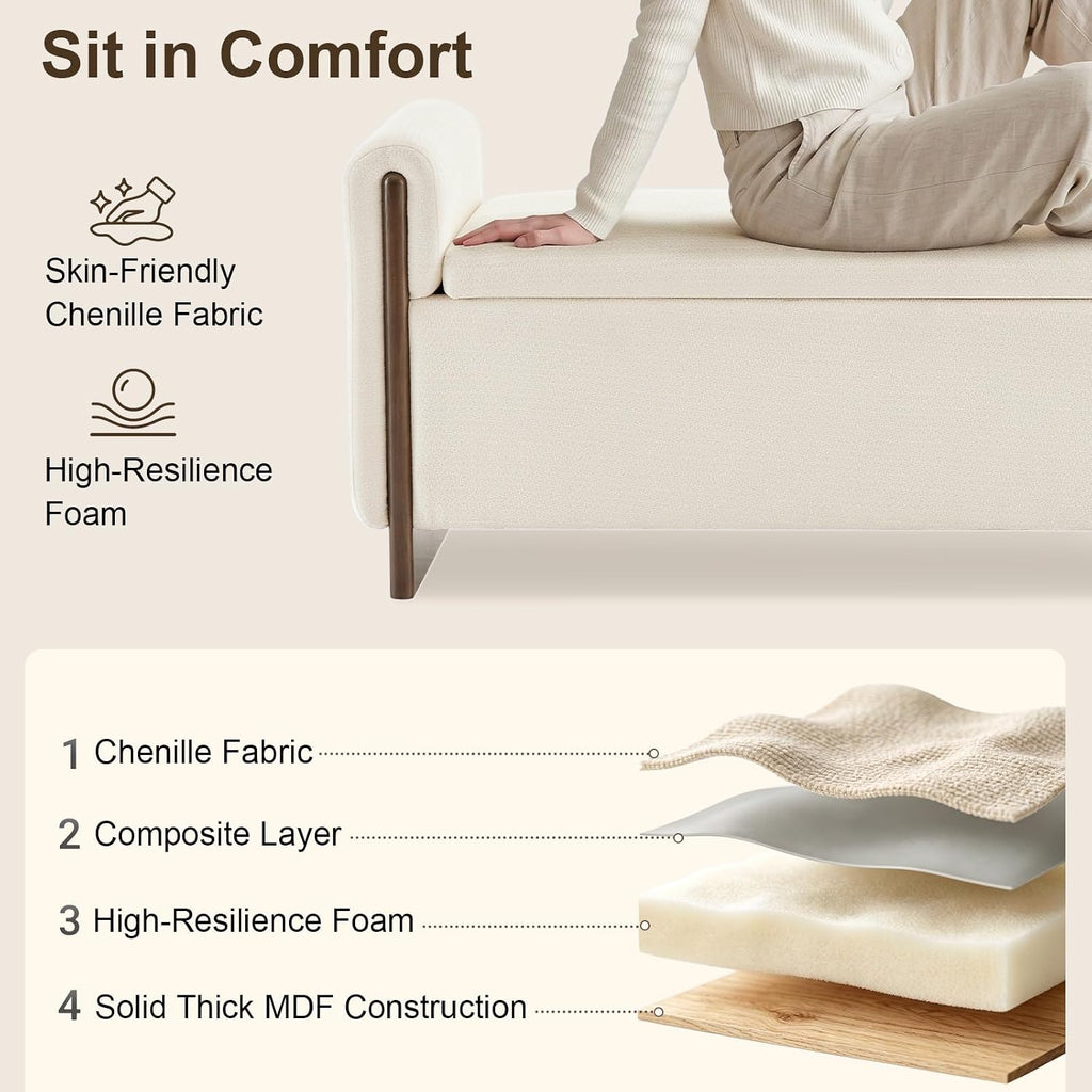 50.8 inch Storage Ottoman Bench with Armrests, Hidden Storage, Beige | End of Bed Bench, Bedroom Storage Bench
