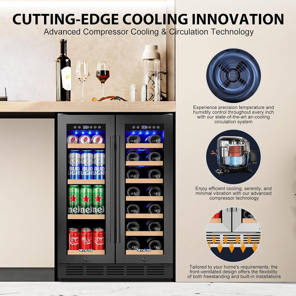 24" Dual Zone Wine & Beverage Refrigerator - Under Counter Cooler with Upgraded Cooling & Blue LED Light