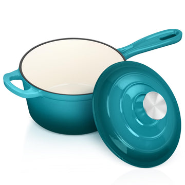 2Qt Saucepan with Lid, Enameled Cast Iron Pot and Pan, Lake Green