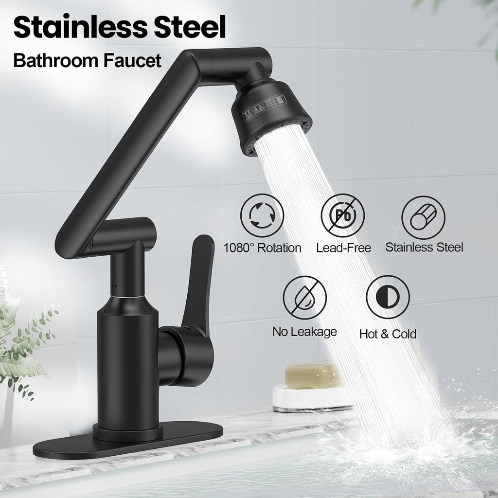Bathroom Sink Faucet, FunnyAir Stainless Steel 1080° Rotatable Faucet for Sink 1 Hole or 3 Holes