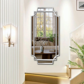 Wall Mirror Full Length, 47" x 24" Silver Wood Framed Full Body Mirror, Scalloped Beveled Polished Decorative