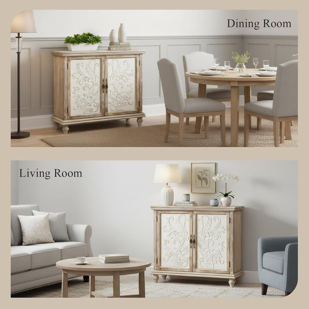 Storage Cabinet, Vintage Distressed Sideboard, Accent Cabinet with 2 Floral-Carved Doors, Buffet Cabinet with