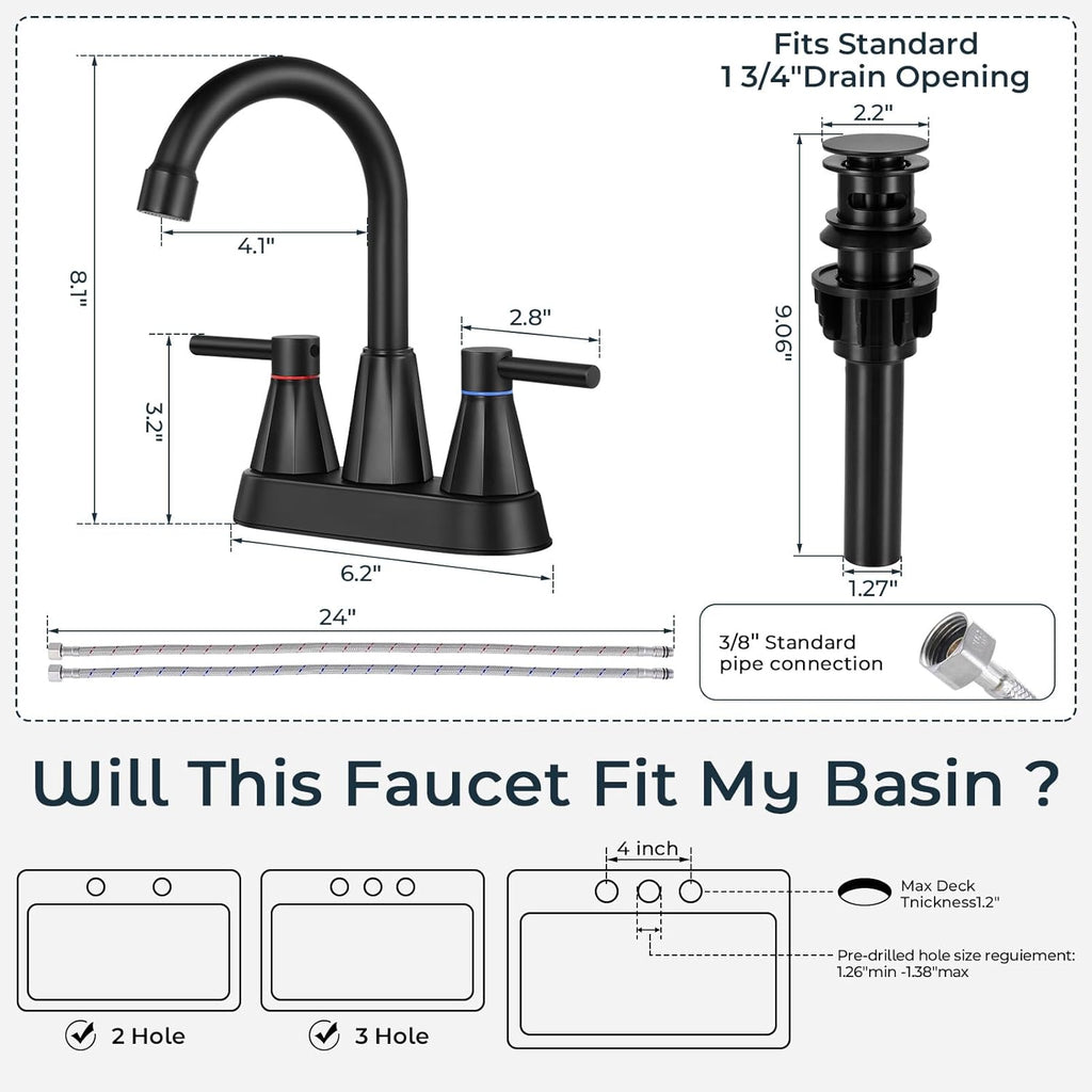 4 inches Bathroom Faucet for 3 Hole,2-Handle Bathroom Sink Faucets with Pop Up Drain (Matte Black)