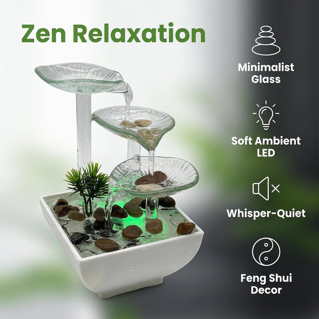 Tabletop Water Fountain,3-Tier Transparent Glass Lotus Leaf Zen Fountain,Indoor Water Feature with LED Bead Bedroom