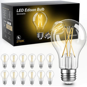 12 Pack A19 Vintage LED Edison Bulbs, Dimmable, 60W Equivalent, High Brightness 2700K Warm White, 8W E26 Standard
