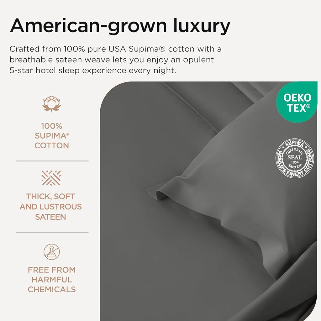 1200TC Supima Cotton Cal King Sheet Set, Sateen, Dark Grey