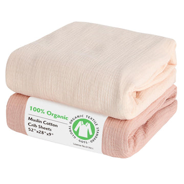100% Organic Cotton Muslin Baby Fitted Crib Sheets 2 Pack 52x28 Inches Cream&Muted Pink, Ultra Breathable and Soft
