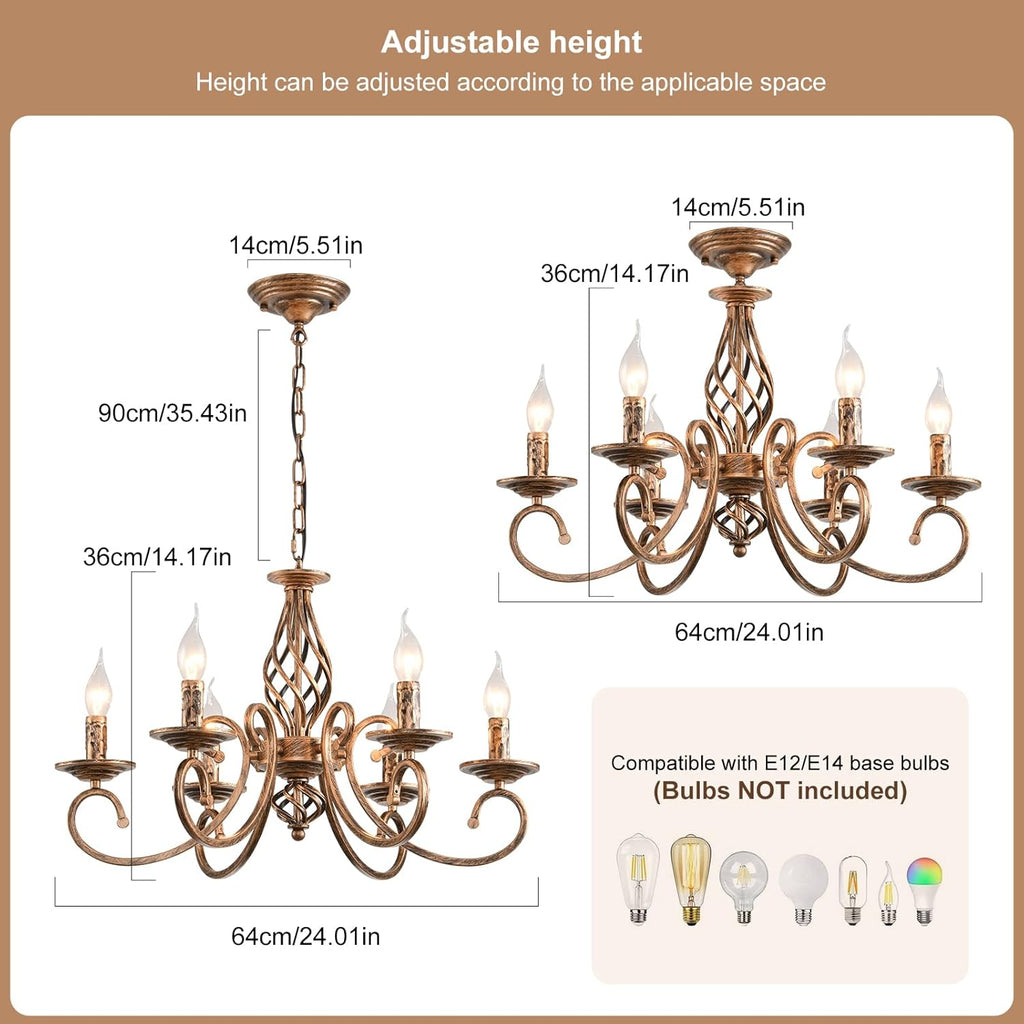 Rustic 6-Light Chandeliers,French Country Vintage Chandelier,Metal in Antique Bronze Pendant Chandelier,Pendant Light Fixture for Island Kitchen Farmhouse Dining Room Living Room
