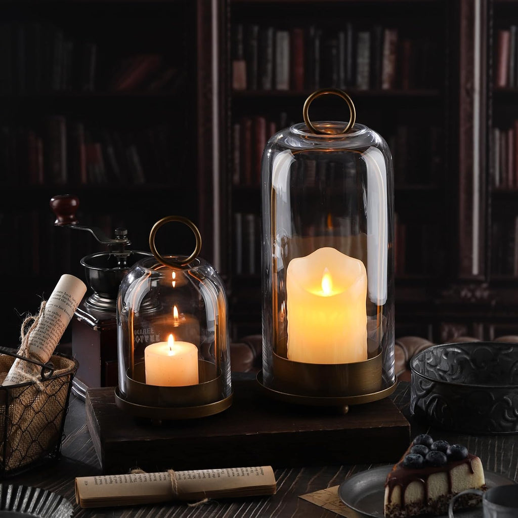 5" & 4" Wide Versatile Metal Candle Holder with Handmade Sturdy Glass Dome in Brass for Pillar Candle & Plants, 5.1"