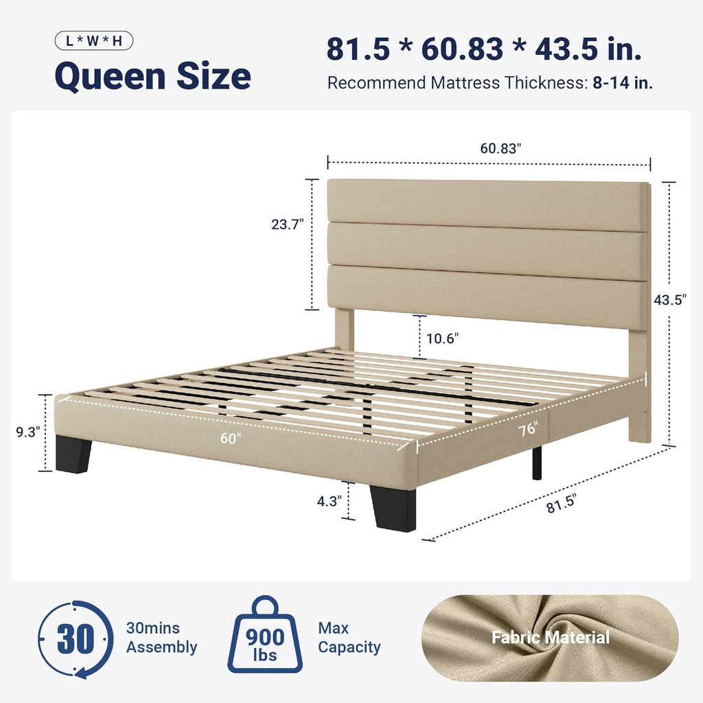 Queen Platform Bed Frame with Fabric Upholstered Headboard and Wooden Slats Support