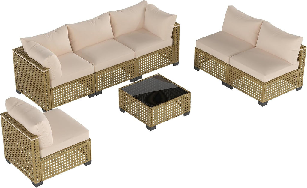 Patio Furniture Set, 7-Piece Outdoor Sectional Couch with Coffee Table & Thick Cushions, Outdoor Wicker Conversation