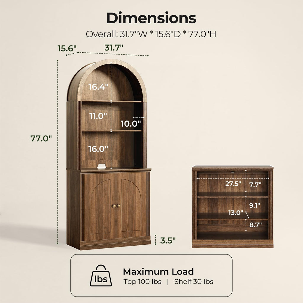 Monos 77-Inch Tall Modular Arched Bookcase with Door and Hutch, Walnut | Modular Setup, Vintage-Inspired Design