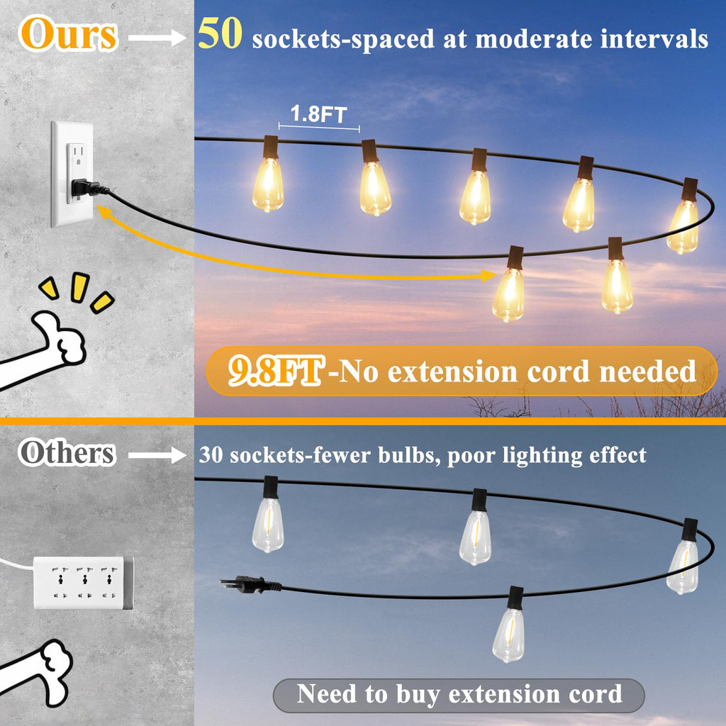 Outdoor String Lights 52 Bulbs, Waterproof Patio Lights