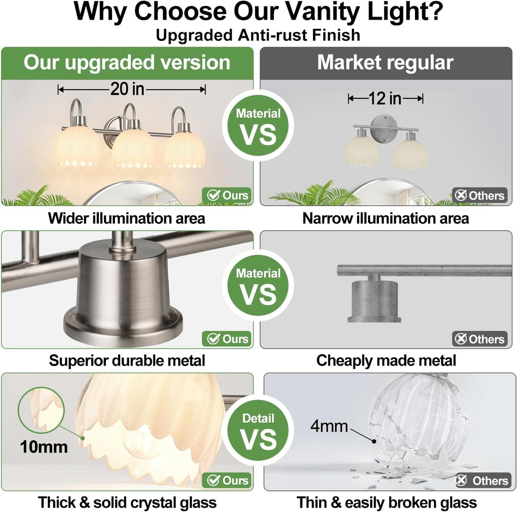 Bathroom Light Fixtures, 3-Light Brushed Nickel Bathroom Vanity Light Over Mirror with White Tulip Glass Shades