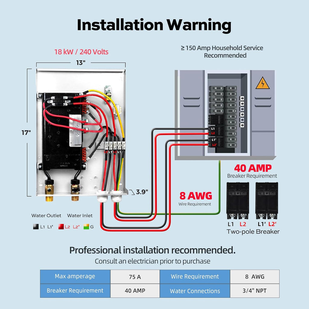18kW Tankless Water Heater Electric, ORBEK Instant On Demand Hot Water Heater 240V, Up to 4.17 GPM