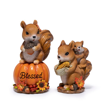 Fall Squirrel Decor, 2-Piece Resin Thanksgiving Figurine Set