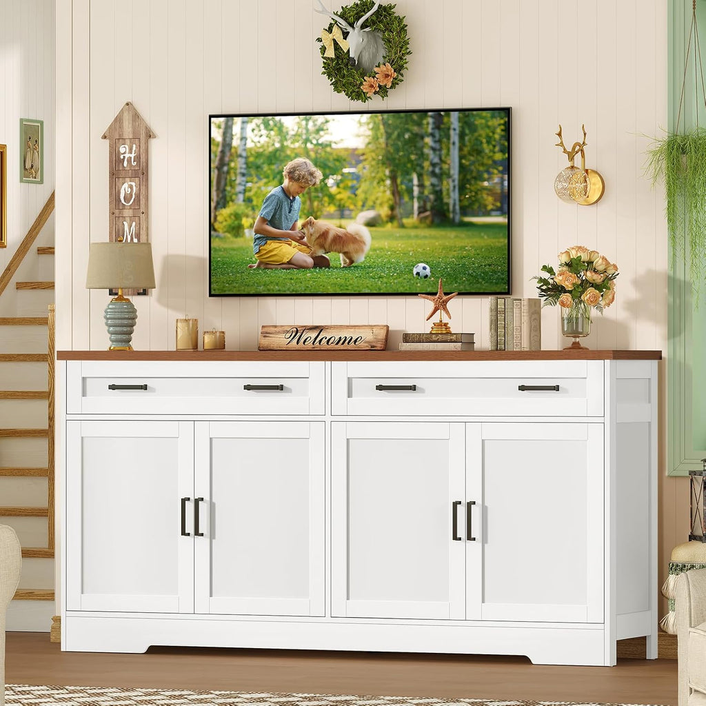 63" Buffet Cabinet with Storage, Large Sideboard Buffet Cabinet with 2 Adjustable Shelves and 4 Doors