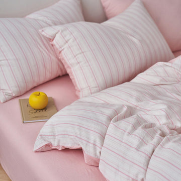 Pink Striped Duvet Cover, Cottagecore 100% Washed Cotton Duvet Cover