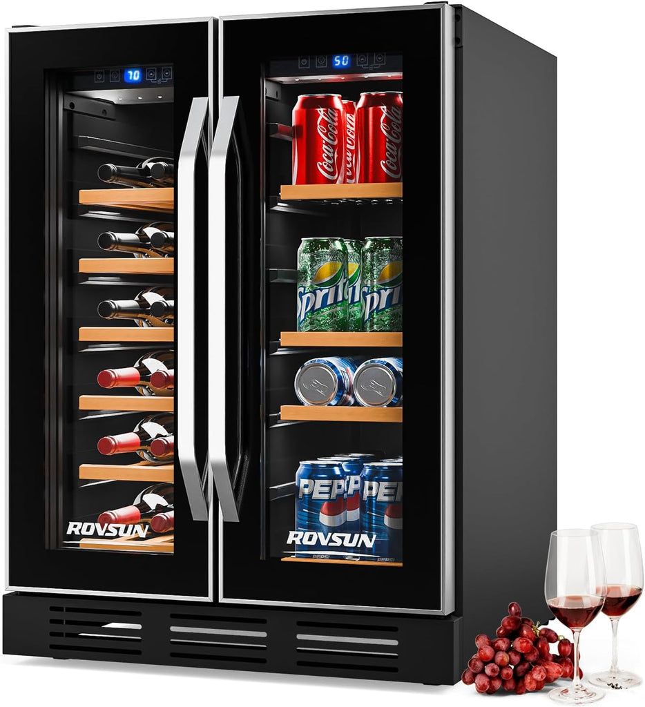 Dual Zone Wine and Beverage Refrigerator, 34 Bottle Wine Fridge with 2 Glass Doo