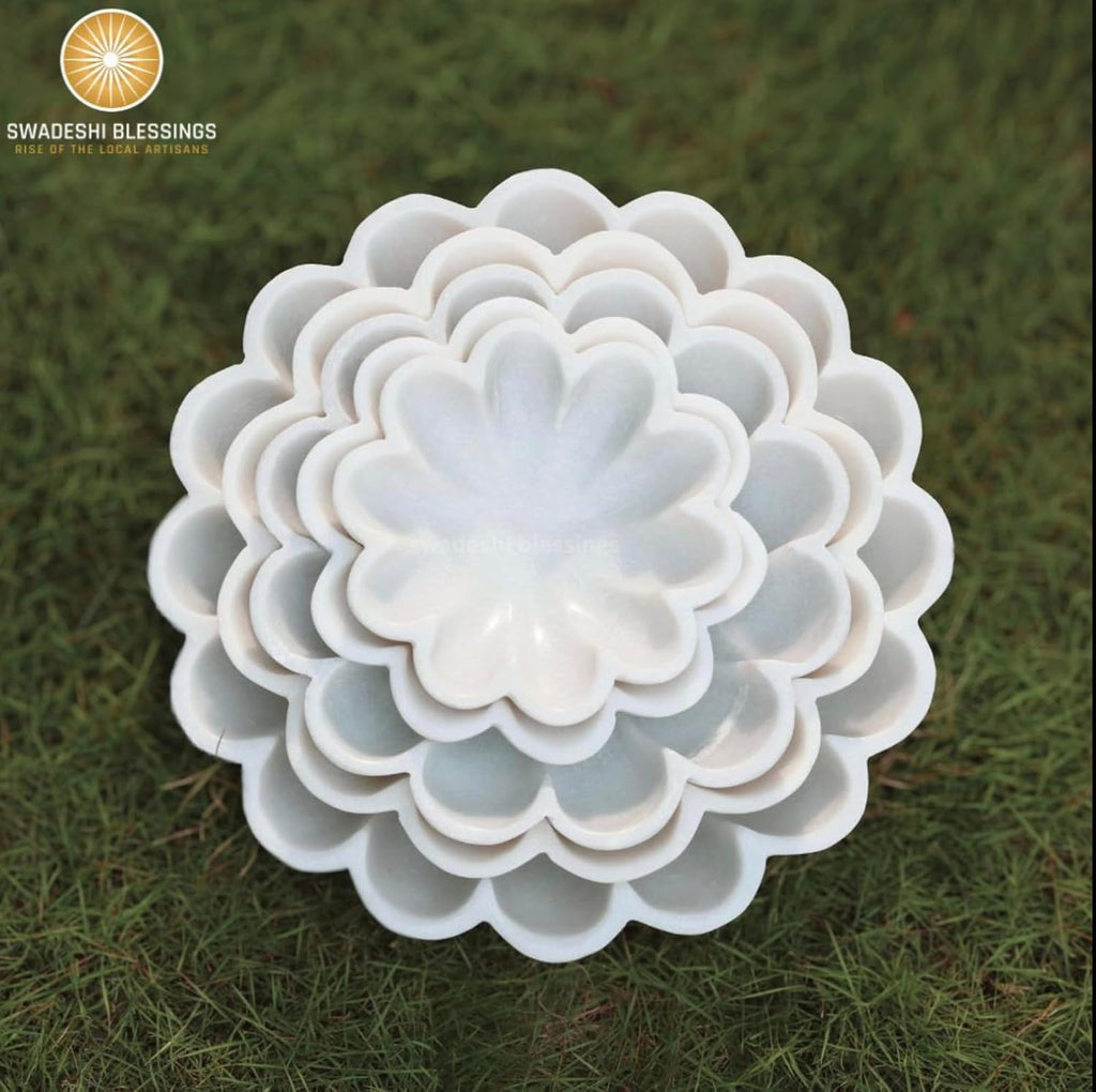 HandCrafted Marble Decorative Bowl | White Ruffle Scalloped Fluted Key/Fruit Ring Dish | Organic Modern Home Decor (6