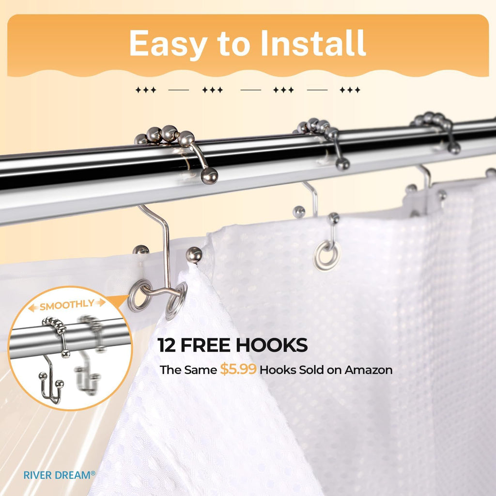 Waffle 3 in 1 Shower Curtain Set, White Fabric Shower Curtain and Clear Liner Set with Double Sided Hooks