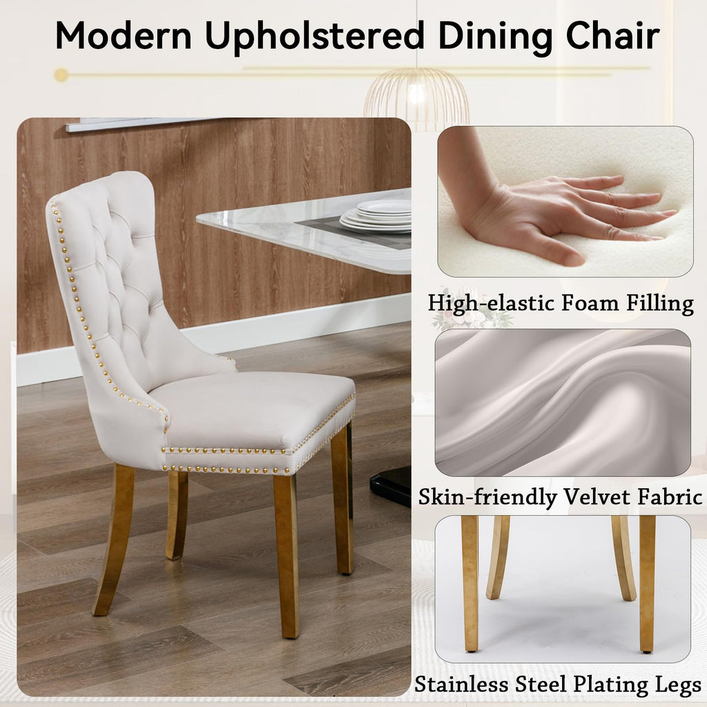 5-Piece White Marble Dining Table Set for 4, Modern 68inch Dining Table and Beige Velvet Dining Chairs Set of 4