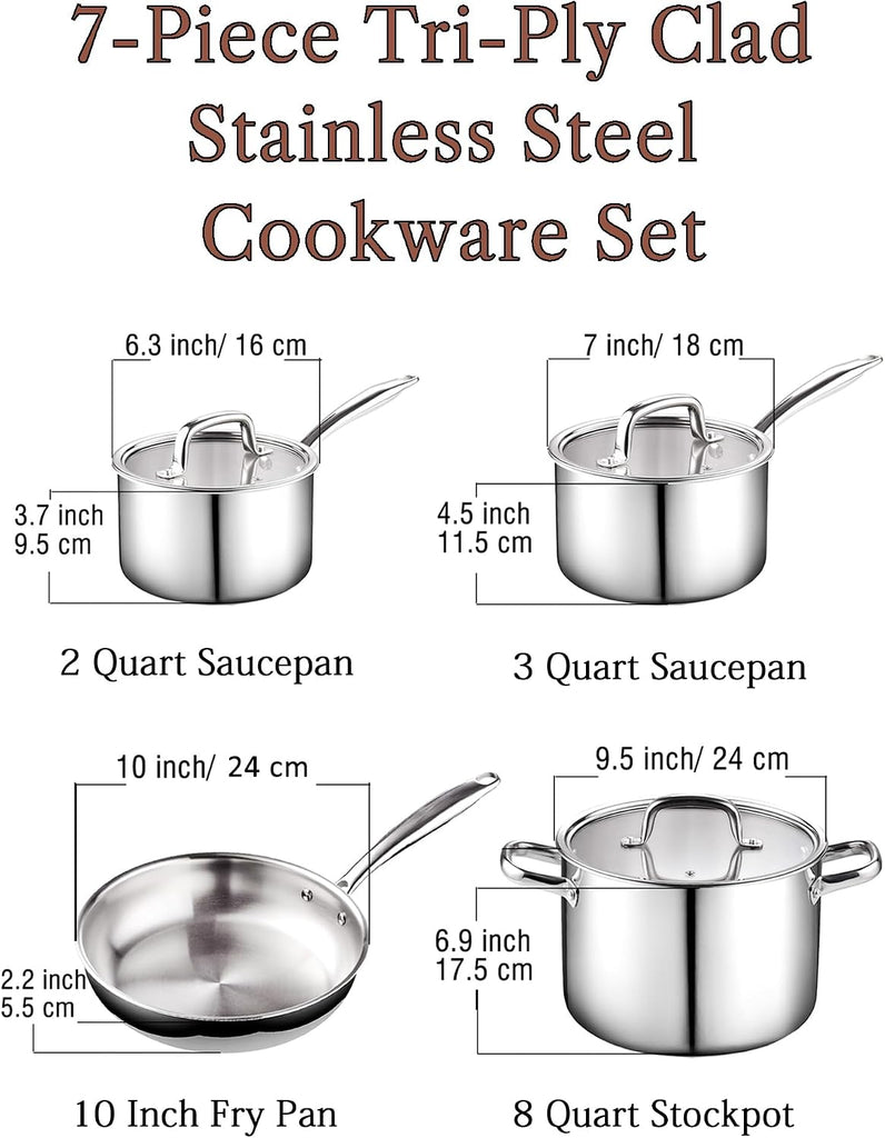 7-Piece Tri-Ply Clad Stainless Steel Cookware Pots & Pans Set | Fully Clad Stockpot & Saucepan with Lids, Fry Pan