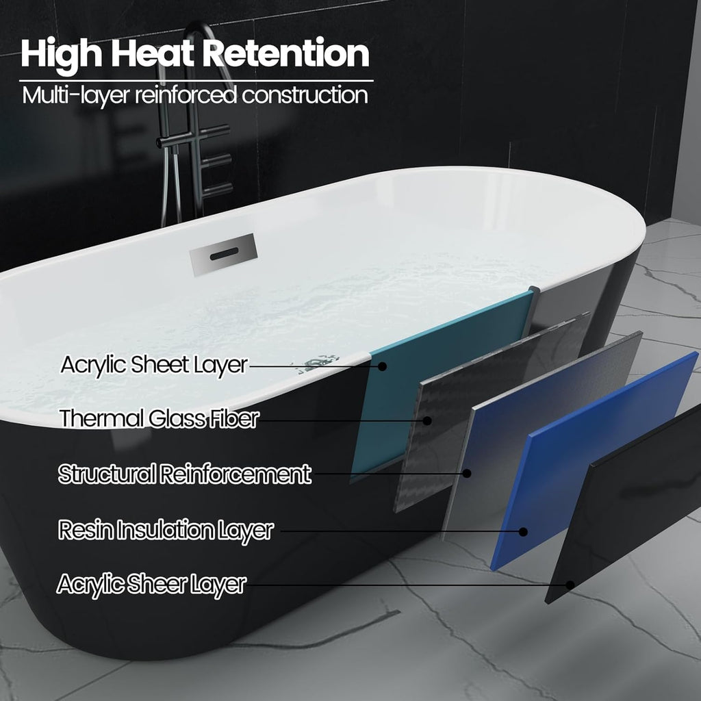 59" Deep Soaking Bathtub, Non-Slip Acrylic Tub with Chrome Drain, CUPC Certified, Ergonomic Modern Bath for Bathrooms