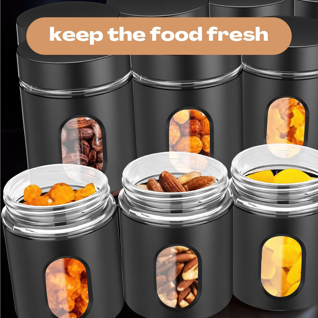 6 Pack Airtight Stainless Steel Kitchen Canisters, Black, 20 oz