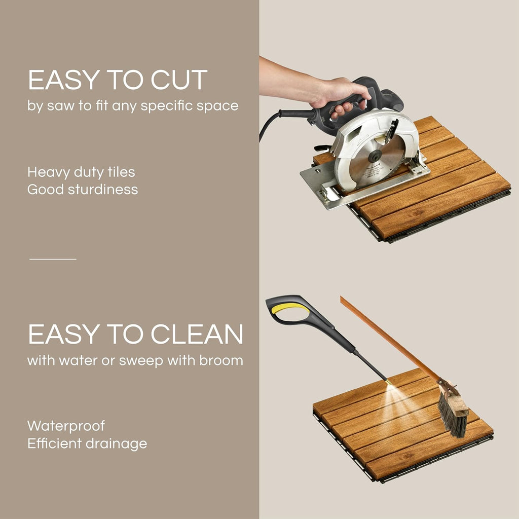 Premium Deck Tiles, Patio Flooring - Set 10 Pcs 12”x12”x0.9” Interlocking Deck Tiles, Waterproof Acacia Wood for