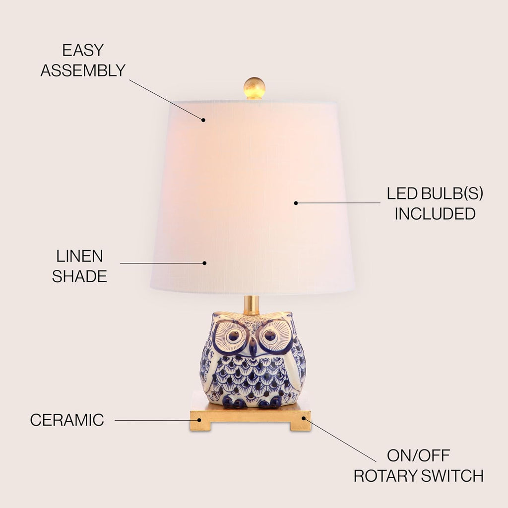 16" Blue/White Ceramic Owl Mini Table Lamp or Office, Modern Farmhouse Nightstand Lamp with White Linen Shade