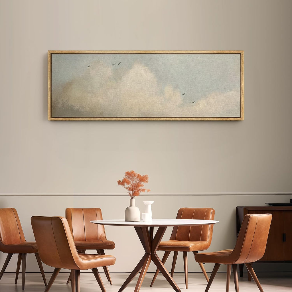 Large Framed Canvas Print Wall Art Serene Cloudscape with Birds in Flight Illustrations Modern Art Calm Warm - 60"x20"