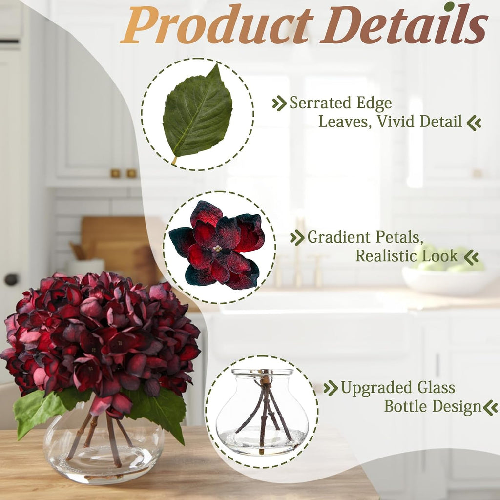 Burgundy Artificial Hydrangea Arrangement in Glass Vase with Faux Water, Lifelike Faux Hydrangea Flowers, Floral
