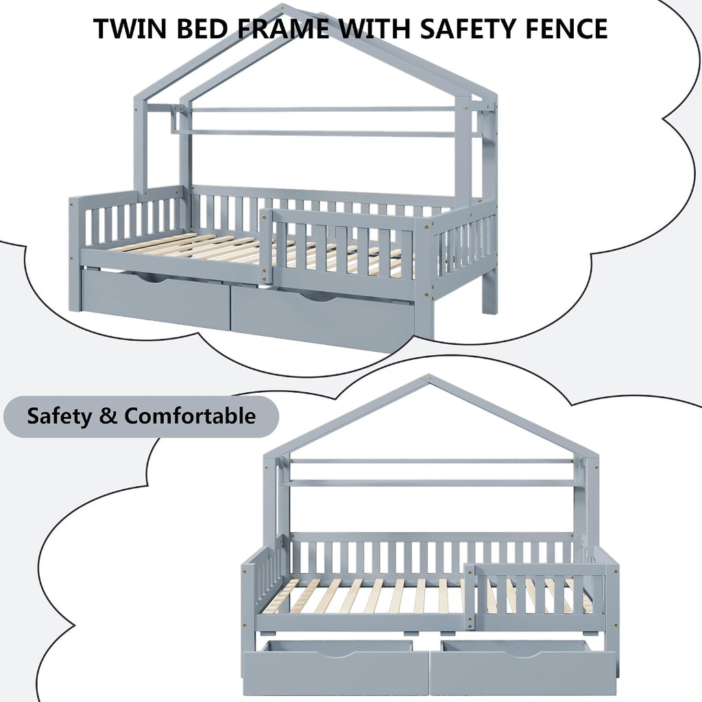 Twin Size House Bed with Storage Drawers and Shelf,Kids Wooden Bed Frame Twin Platform Bed with Slats and Fence for