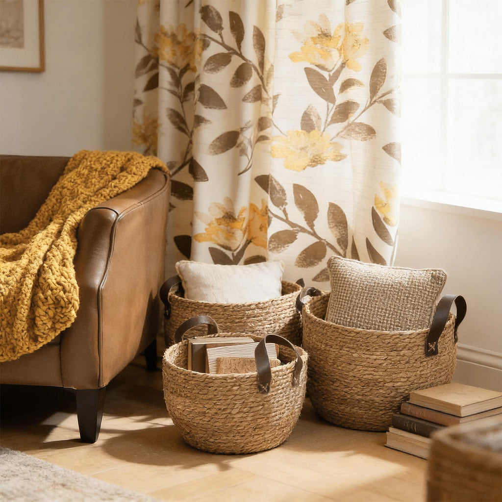 Round Seagrass Storage Baskets Woven Wicker Planter Baskets for Decor | Decorative Basket for Blankets, Plants