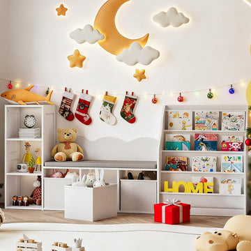 66.9" Kids Bookshelf with Reading Nook, 3-in-1 Kids Bookcase with Cushion and Sling Shelf, Toy Chest Storage with