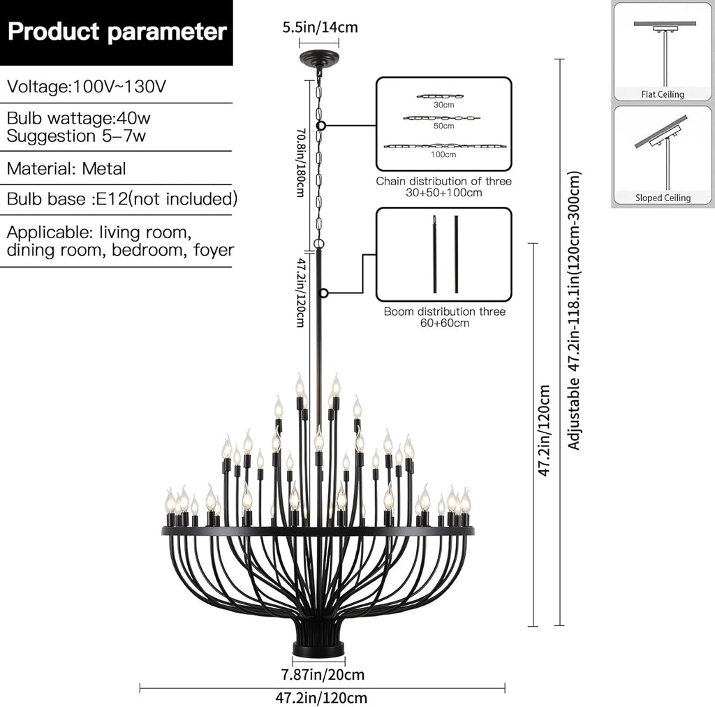 Large Black Chandelier 48 Light for High Ceilings, Big Farmhouse Wagon Wheel Chandelier for Dining Room 3-Tier 47.2 in for Hallway, Living Room, Foyer