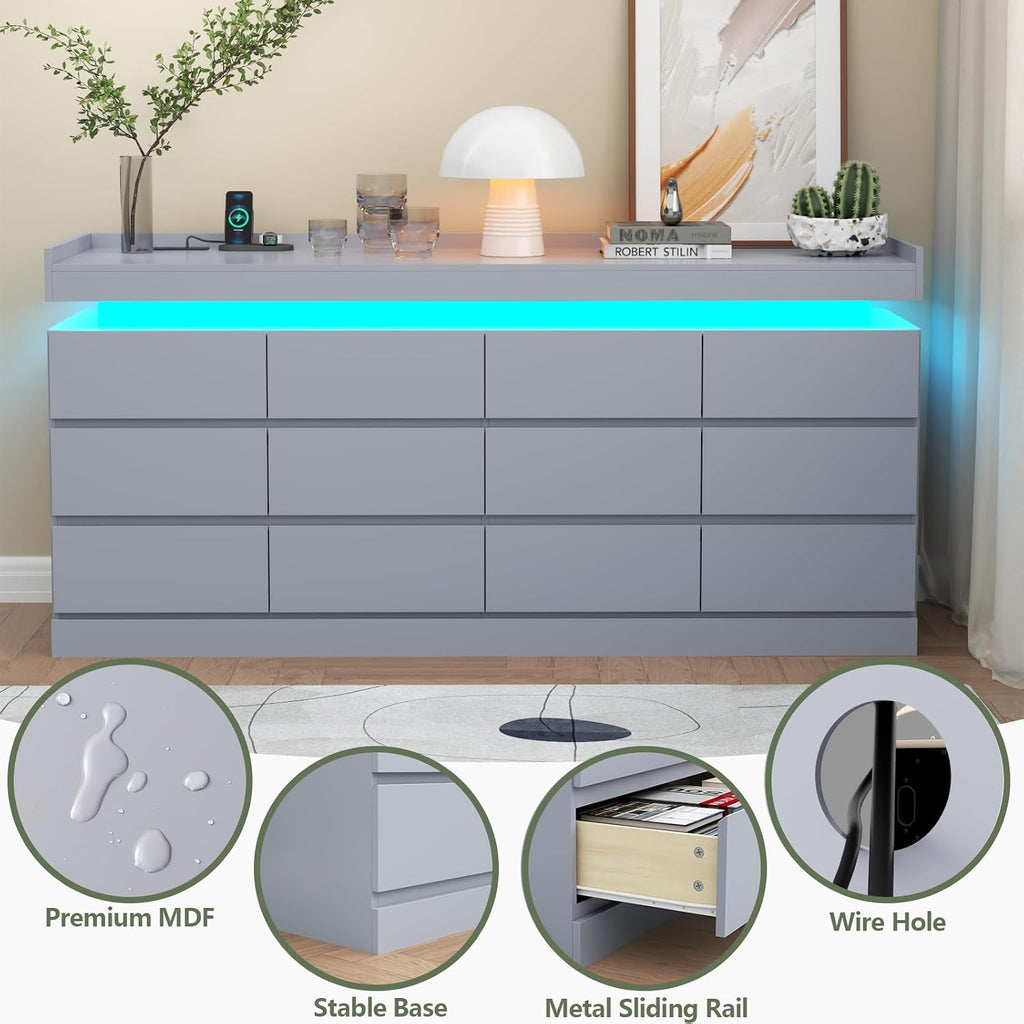 12 Drawer Dresser with Power Outlet, Modern Dresser with LED Light | Chest of Drawers for Closet, Double Wide Drawer